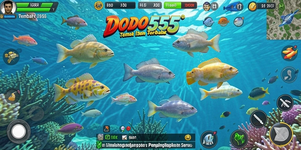 Tampilan gameplay DODO555 saat menembak ikan yang berwarna-warni.
