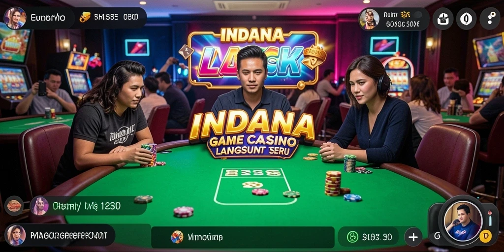 Screenshot gameplay INDAAA menampilkan dealer langsung dan suasana kasino yang hidup.