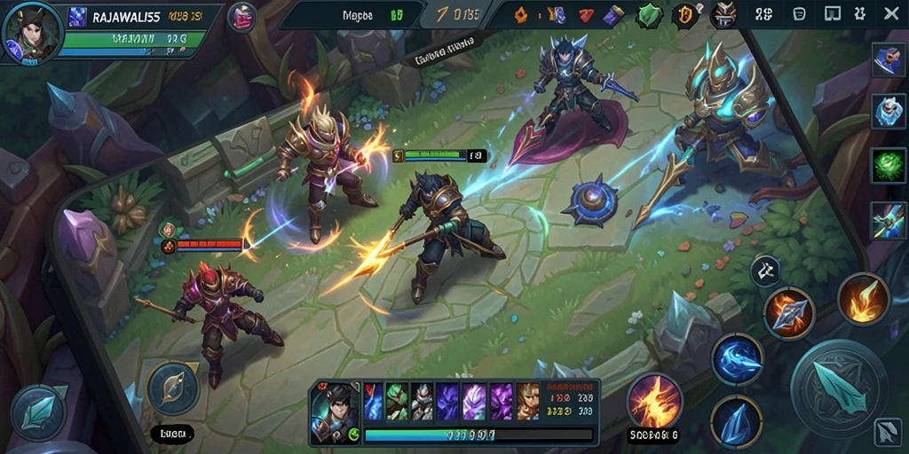 Tampilan gameplay MOBA yang epik dari RAJAWALI55 dengan berbagai karakter.