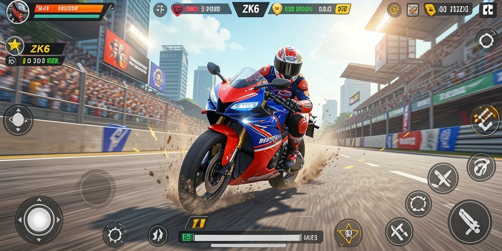 Screenshot yang menunjukkan aksi balapan motor yang mendebarkan di ZK6.